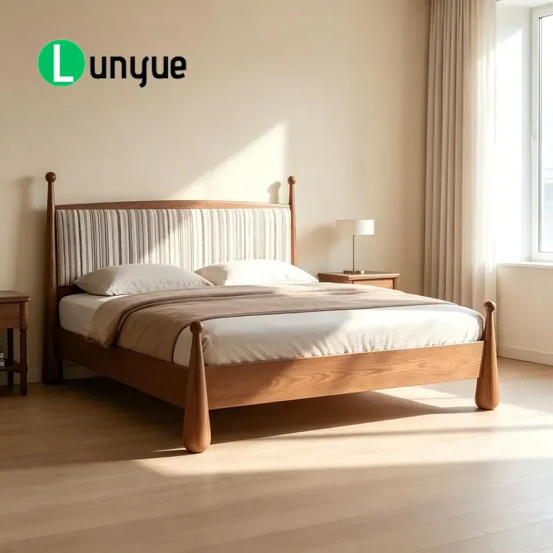 Luxury Medieval Modern Style Ash Wood Double Bed Frame Eco-friendly Durable Fabric Upholstered Headboard Striped Design for