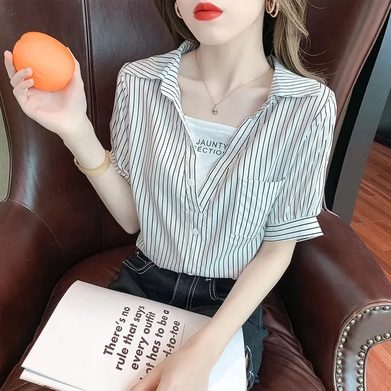 Women's Striped Fake Two Piece Blouse Short Sleeve Lapel Collar Casual Summer Shirt