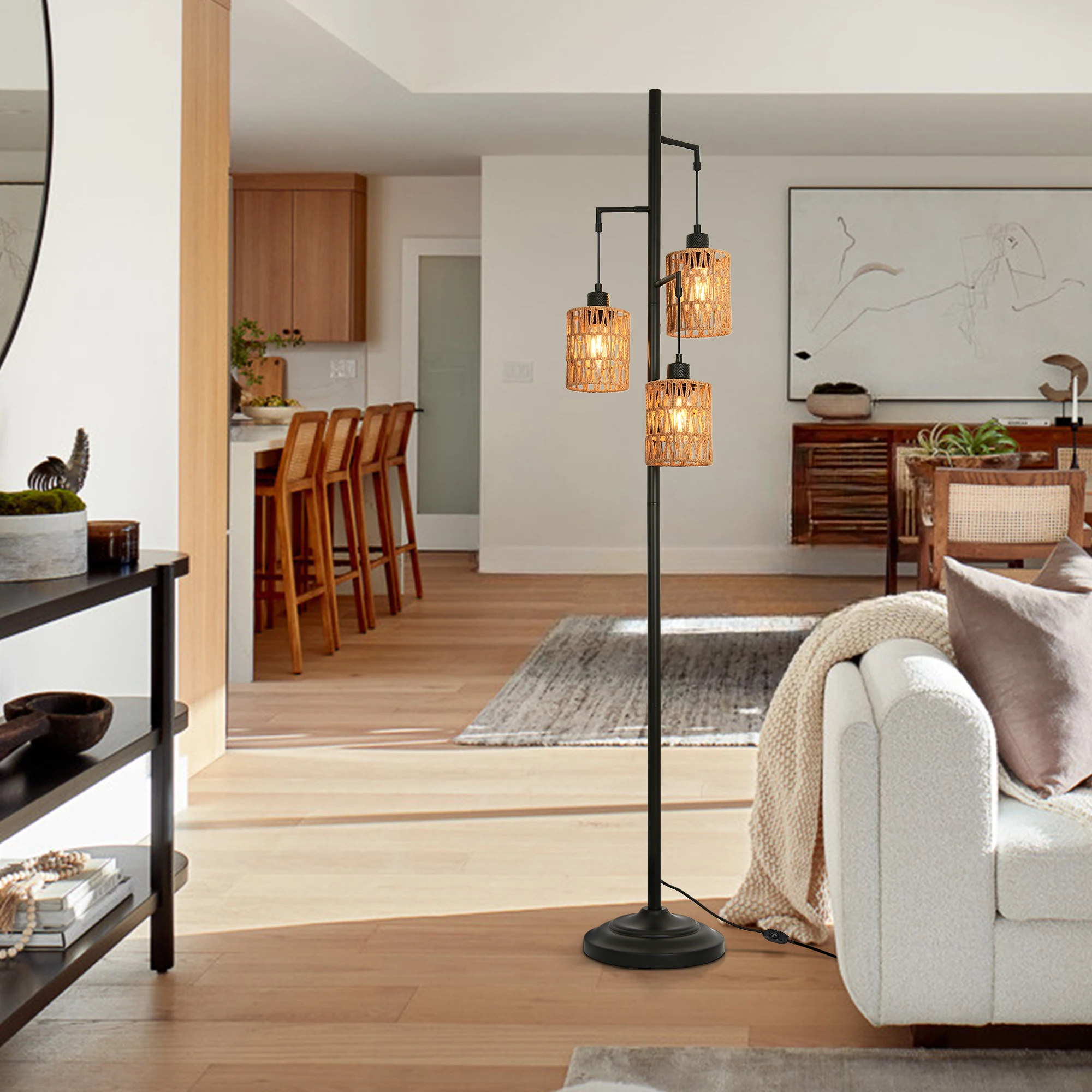 Farmhouse Floor Lamp 3 Light Boho Floor Light with Rattan Shade Dimmable Floor Lighting Fixture for Bedroom Office Decor