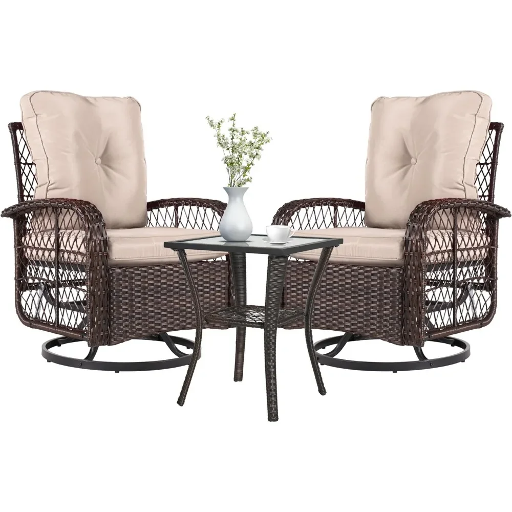 

3 Pieces Outdoor Swivel Rocker Chair Set of 2 with Side Table Wicker Rattan Patio Furniture Set Outdoor Rocking Chair Set