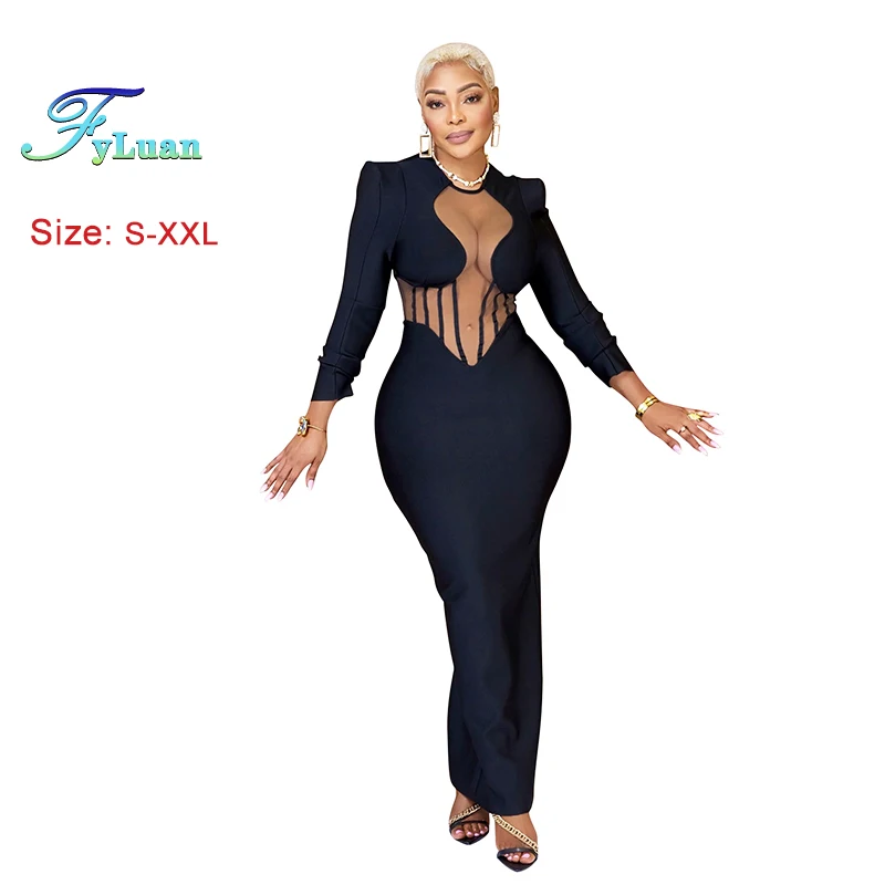 Lange jurk pure mesh patchwork dames lange jurk sexy bodycon doorzichtige volledige mouw stretch bodycon party club vakantie outfit