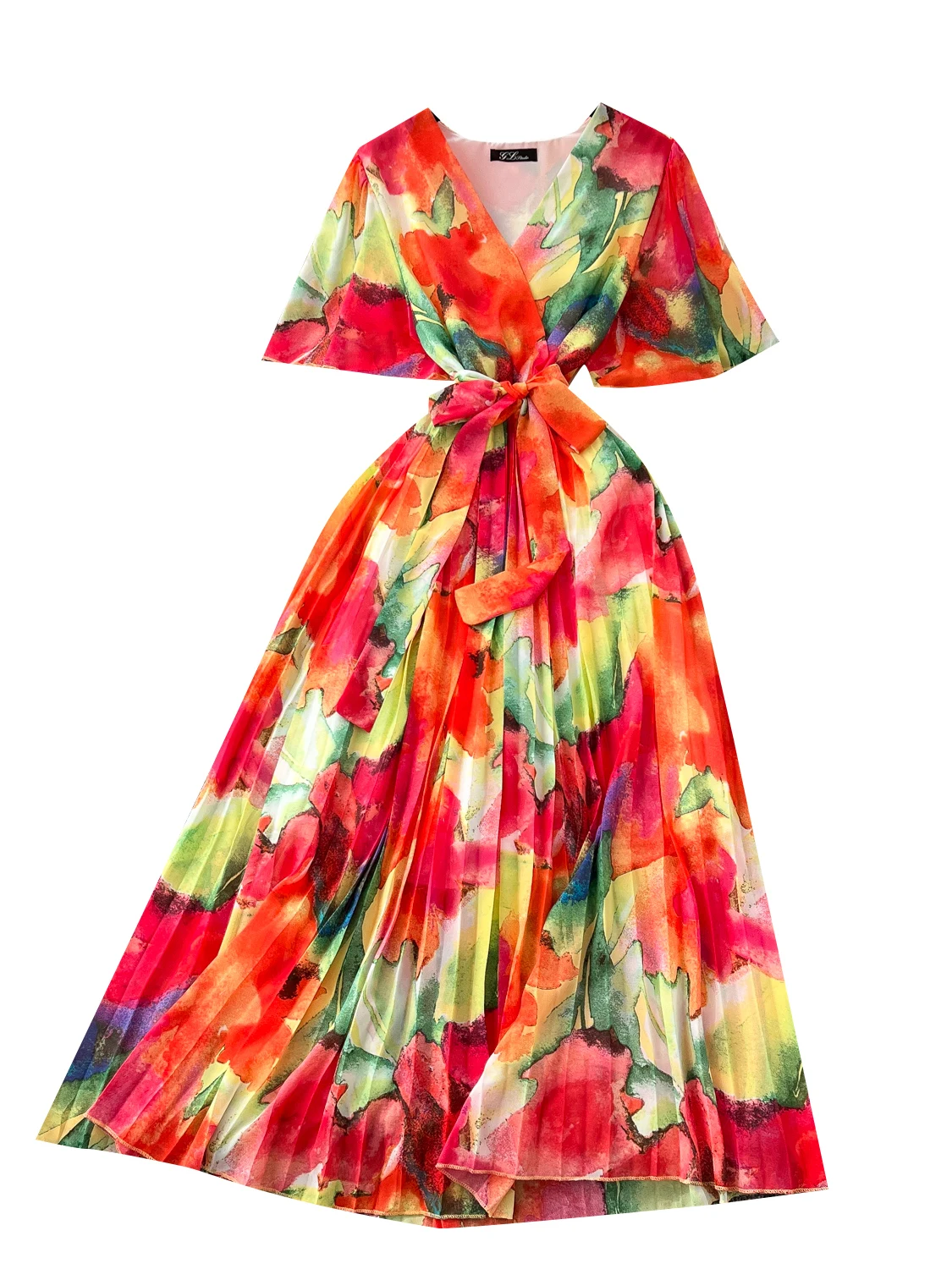 E Vestido de Gasa con Estampado, Cuello en V, Manga Campana, Cintura Alta con Lazo, Estilo Coreano, Vestido Línea A, N...