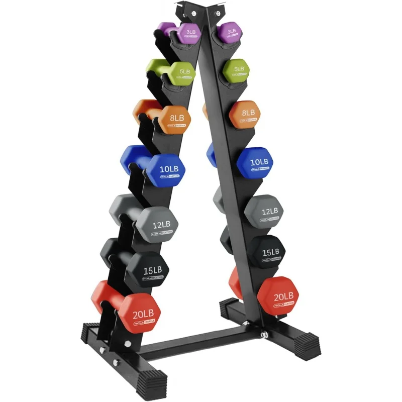 HolaHatha 2, 3, 5, 8, and 10 Pound Neoprene Dumbbell Free Hand Weight Set with Rack, Ideal for Home Exercises to Gain Tone D