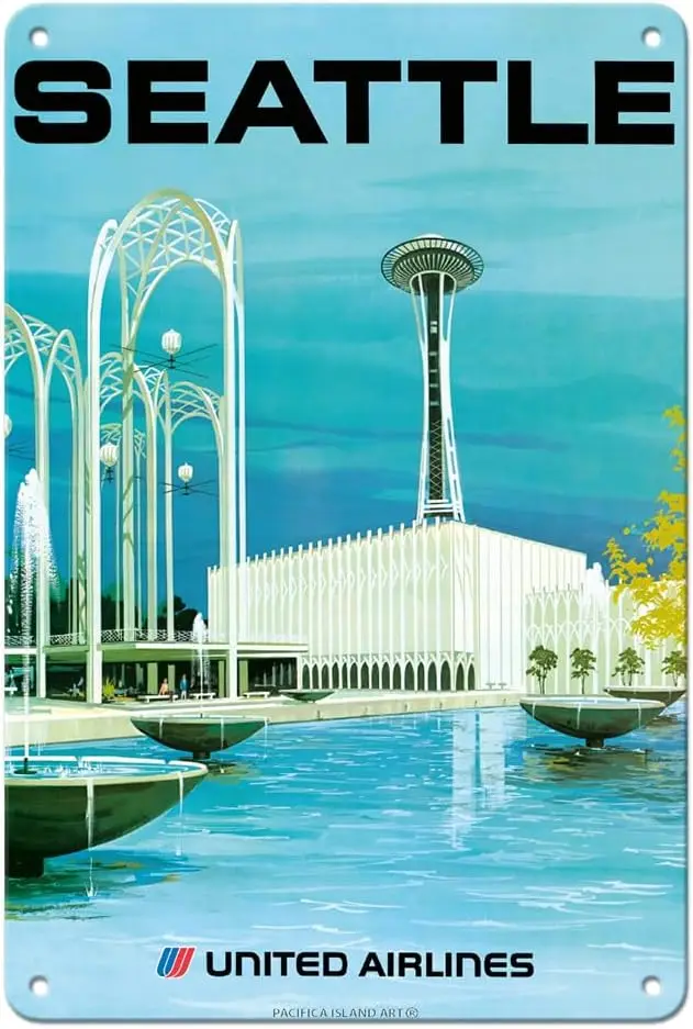 Pacifica Island Art Seattle - Space Needle and Seattle Center - United Airlines - Vintage Airline Travel Poster by Albert Hollen