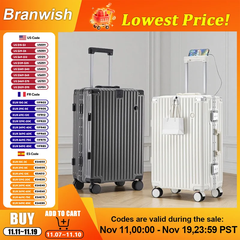 حقيبة سفر ABS مقاس 20/24/26 بوصة متعددة الوظائف بإطار من الألومنيوم مع حامل أكواب قابل للسحب وخطاف أمامي للرحلة