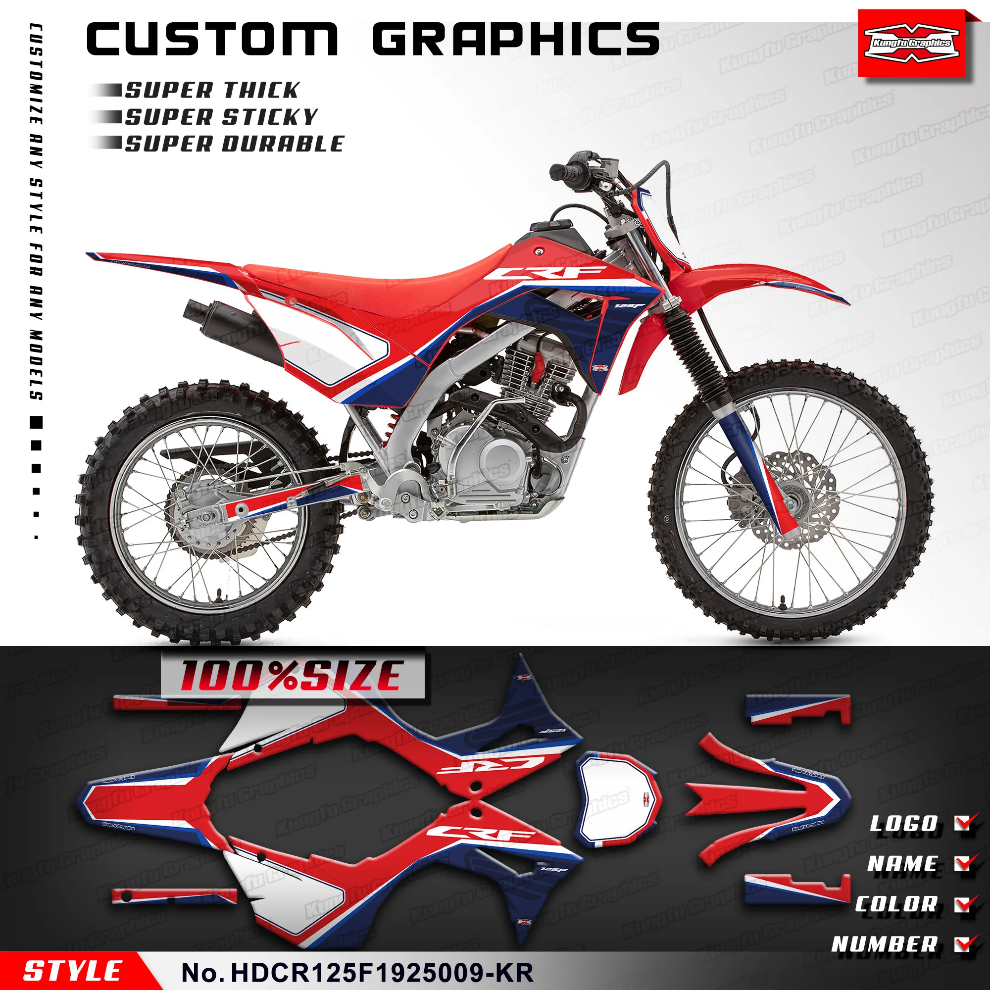 KUNGFU GRAPHICS Custom Stickers Vinyl Wrap for Honda CRF 125F CRF125F 2019 2020 2021 2022 2023 2024 2025, HDCR125F1925009-KR