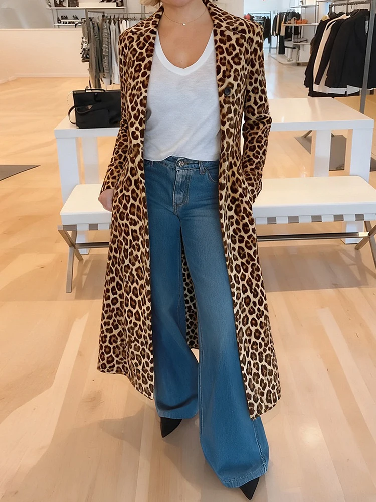 

Пальто с отложным воротником и леопардовым принтом, женский весенний тренч свободного кроя в стиле ретро, элегантный женский макси-кардиган для дома и отдыха