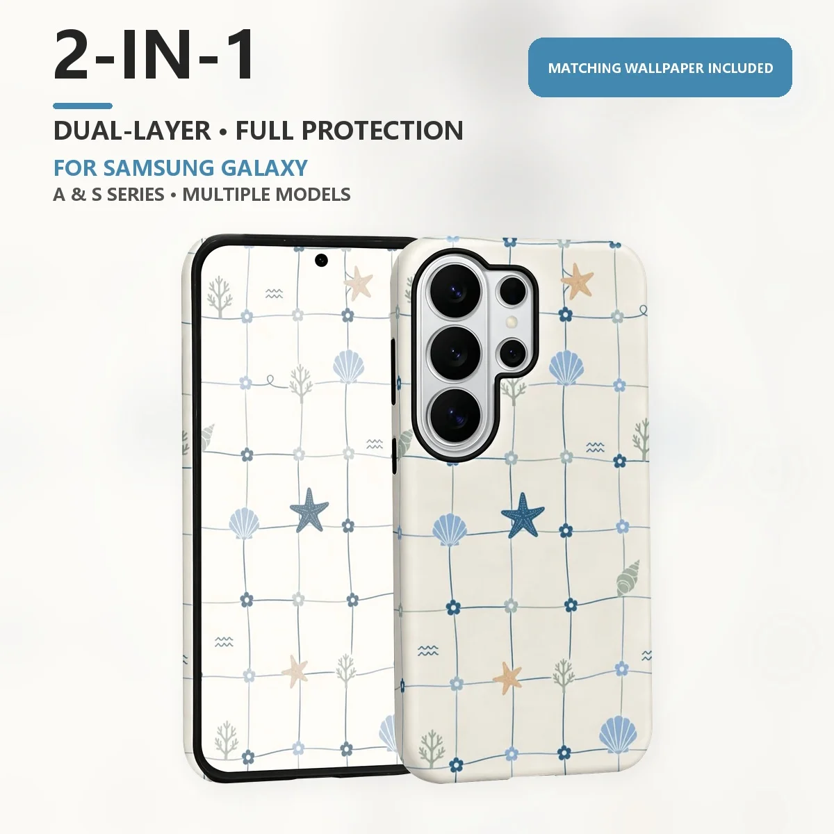 Seaside Grid Pattern 2-in-1 Dual-Layer Phone Case for Samsung Galaxy S26 S25 S24 Plus Ultra FE S20 FE A56 A17 A16 A15