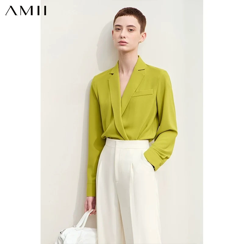 Amii Minimalism 2026 Новая осенняя женская рубашка с длинным рукавом, свободного кроя, с воротником-блейзером, из шифона, французский нишевый топ 12443087