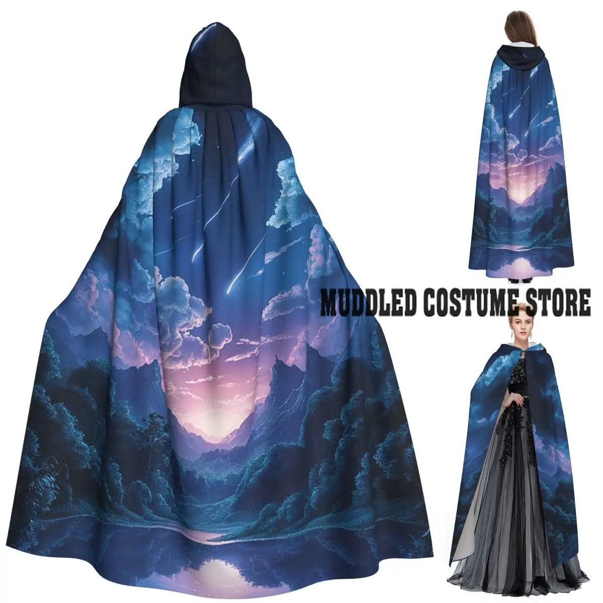 

Звездное небо, молочный путь, звездный длинный плащ с капюшоном, средневековый костюм ведьмы, накидка для косплея, Хэллоуин, вечеринка для взрослых, унисекс
