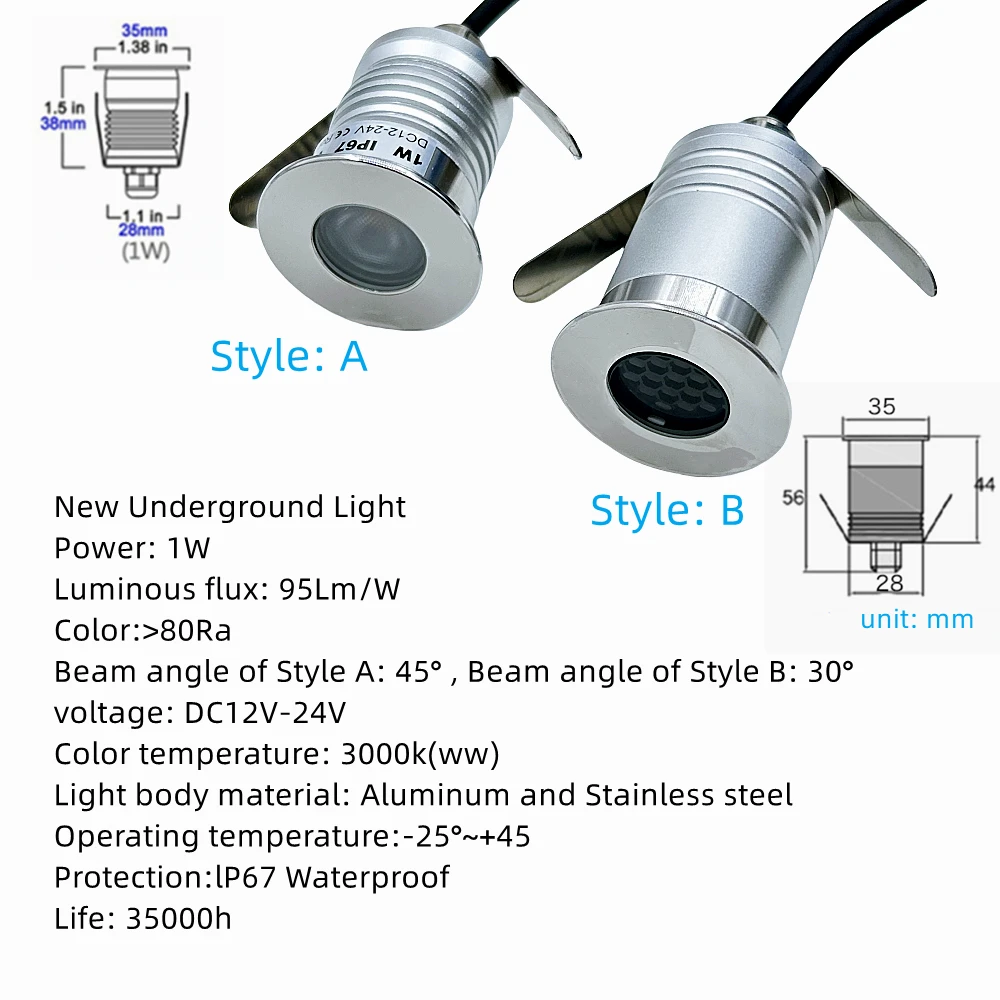 Luzes subterrâneas LED para o caminho do jardim e quintal, IP67 impermeável, lâmpada de assoalho ao ar livre, holofotes à terra, iluminação de paisagem, iluminação enterrada, 1W, 12V, 24V