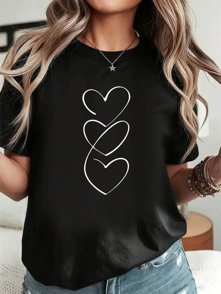 Romantic‑Vibe Women Short‑Sleeve T‑Shirt Crew Neck Vertical Hearts Pattern Print Black Summer Daily Wear Tops Free Clothing
