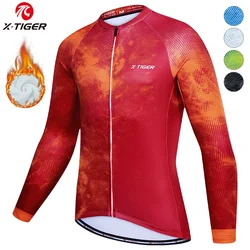 X-TIGER Men's Cycling Jersey Red Winter Thermal Long Sleeve Cycling Shirt with 4 Rear Pockets Fleece Bicycle Clothes Jeresy