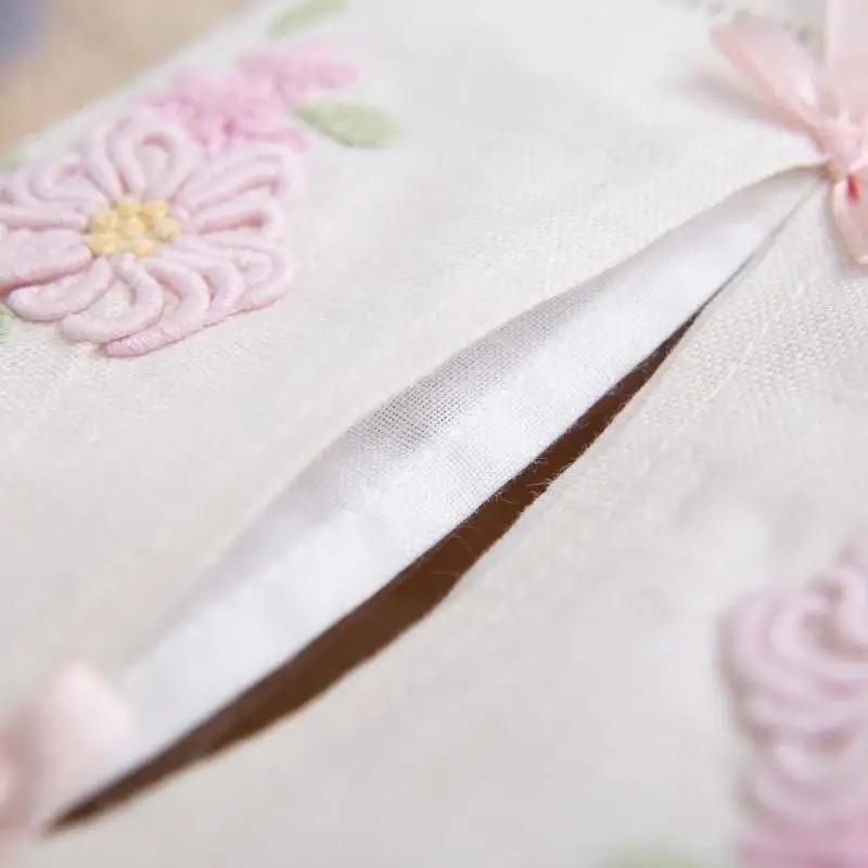 Fabric Tissue Box Cover, Pure Linen, Embroidered and Hemistitched by Hand, Flower, Floral, Beautiful Lace