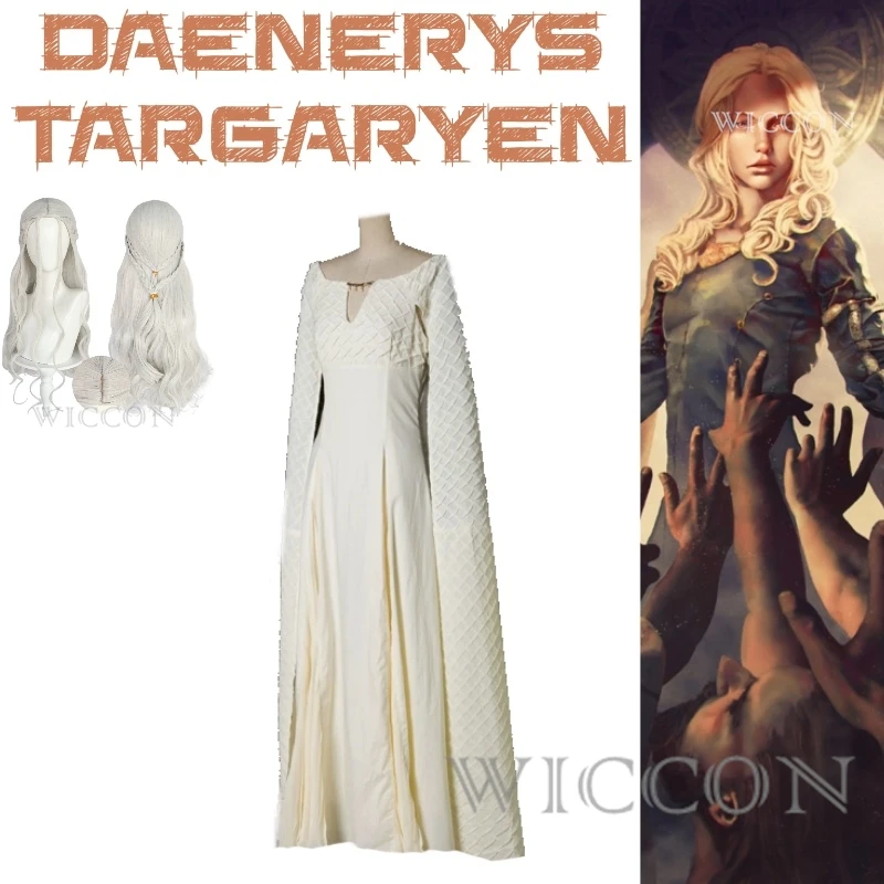 

Blood and Dragons GoT Movie Dargon Mother Daenerys Targaryen With White Long Dress And Beatiful Hair Cosplay Costume Full Of Set