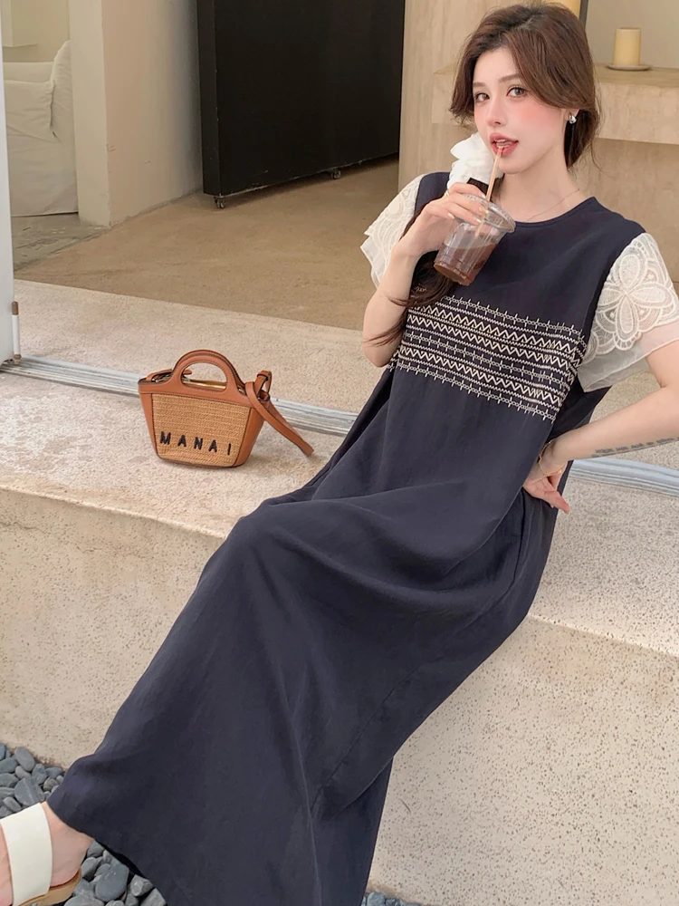 فستان نسائي مقاس كبير من NYFS لصيف 2025 فساتين طويلة فضفاضة مرقعة من الدانتيل رداء Elbise بأكمام قصيرة على الطراز الكوري #3