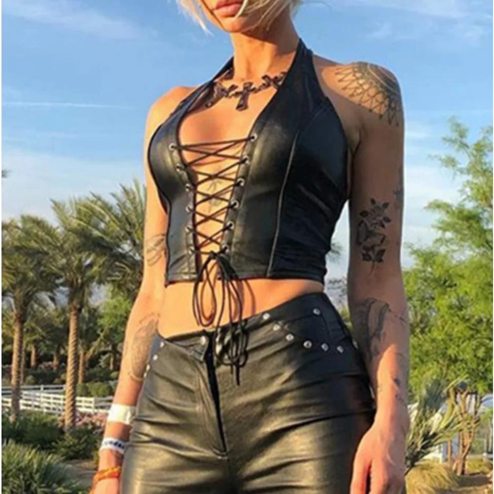 PU Imitation Leather Tank Top Deep V Neck Cross Bandage Hollow Out Halter Crop Tops Women Bare Midriff Tube Top Cropped Vest