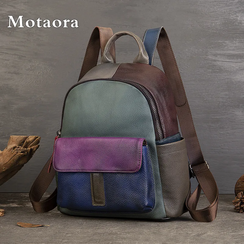 

MOTAORA Women's Genuine Leather Ethnic Backpack, Colorful Splicing Travel Bag, Large Capacity Fashion Personalized Handbag 2025