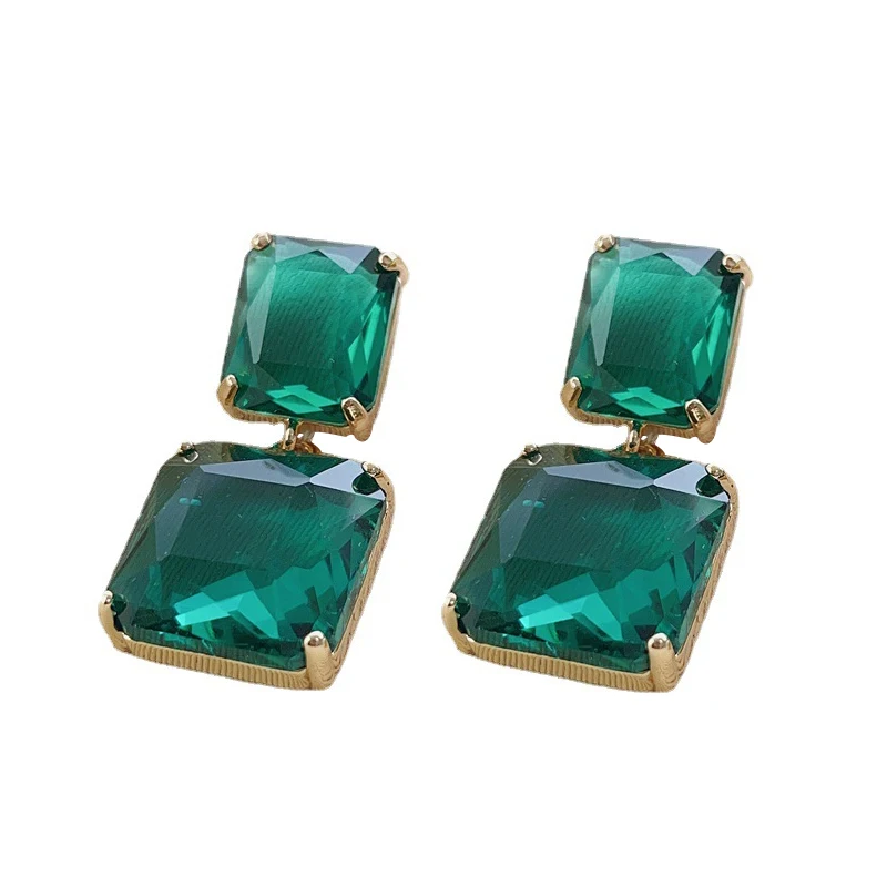 Square Metal Green Crystal Glass Dangle Post Earrings For Women Fashion Jewelry Elegant Party Accessories Fancy New Styles C1689