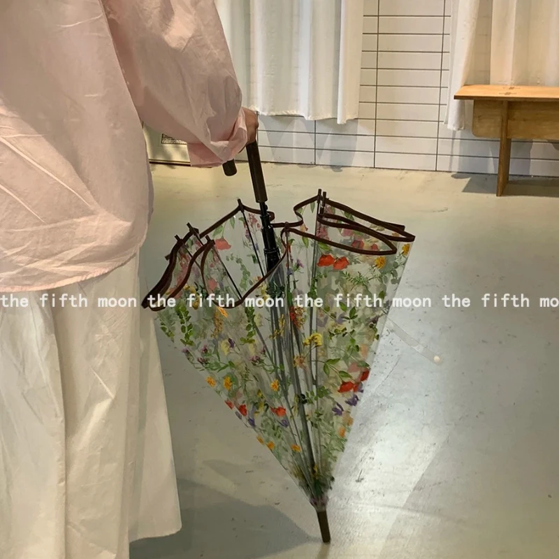

Romantic Floral Transparent Long-Handled Umbrella, Fashionable Parasol for Women, Korean Drama Heroine Design