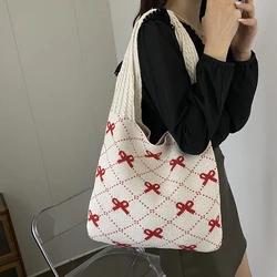 Women Crochet Tote Bag Large Capacity Bow Pattern Knitted Shopping Bag Designer Beach Bag Shoulder Bag for Traveling Handbag