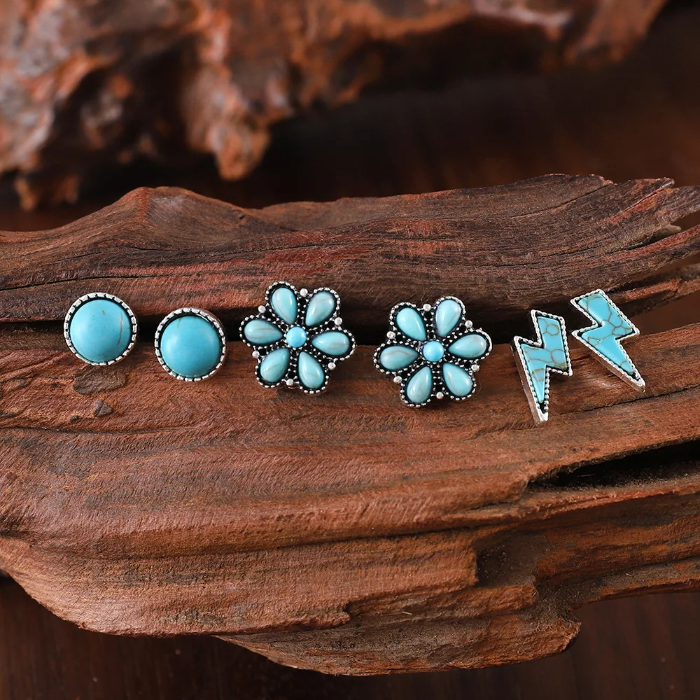 3-Pack Southwest Earrings -Navajo Style Lightning Bolt / Turquoise Flower Stud Earrings Set Wholesale - December Birthday Gift