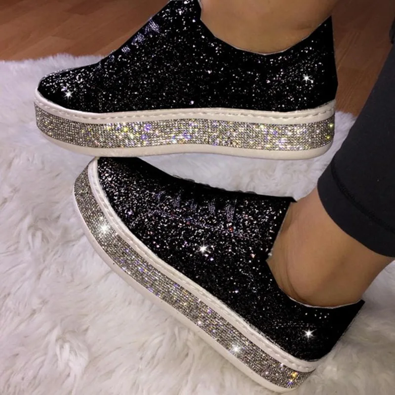 

2023 Women Vulcanize Shoes Sneakers Sliver Bling Shoes Girl Flat Glitter Sneakers Casual Female Breathable Lace Up Sport Shoes