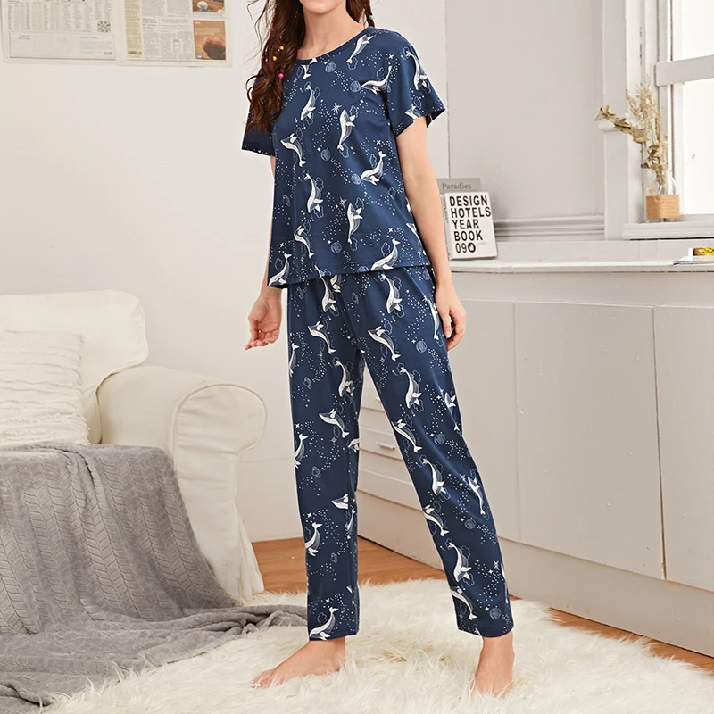 Women Home Suit Soft Comfy Pj Set Short Sleeve Tops and Long Pants Pajamas Cute Dolphin Print Sleepwear With Eye Mask