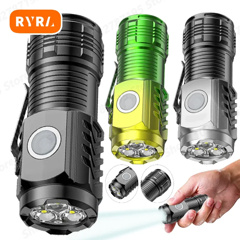 New Outdoor LED Bright Flashlight Mini Super Portable Multi-functional Clip-on Magnetic Rechargeable Three-eyed Monster 1PCS