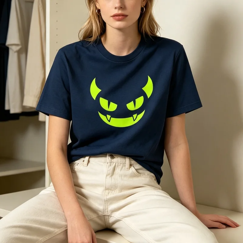 Neon Devil Face T-Shirt Green Devil Smile Graphic Navy Casual Cotton Streetwear Unisex Halloween Outdoor Fashion Tee Y2k Top