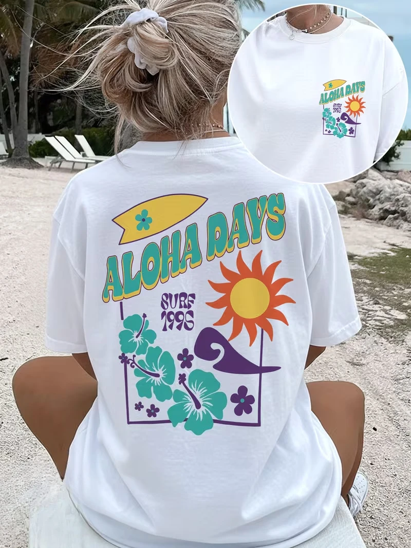 Aloha Days Print T-shirt Hibiscus And Surfboard Graphic Short Sleeve Round Neck Casual Tops Women Beach Vacation Essential Tee