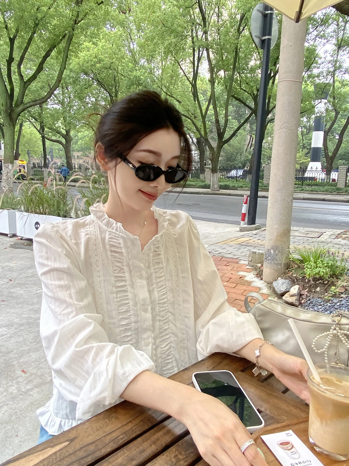 

FEELROOM Lace Trim Collar Heavy Design Sense White Long Sve irt Spring New Sle Women's Loose Fit Cotton Commute Sle