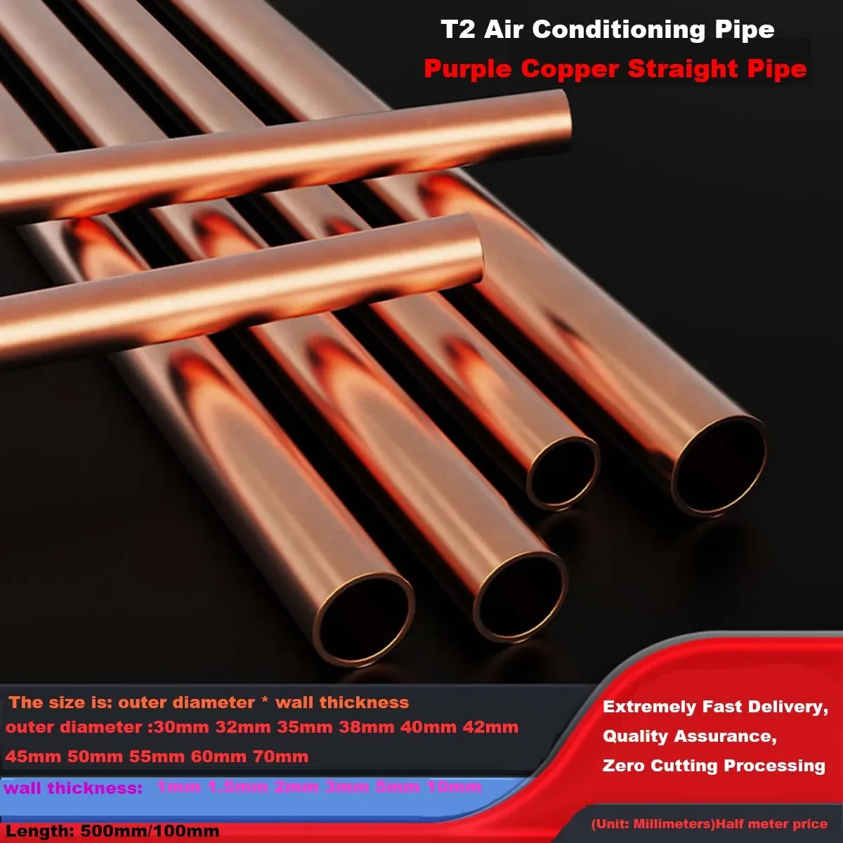 Purple Copper Hollow Copper Tube, Hard Straight Tube,  30/32/35/38/40/42/45/50/55/60/70MM