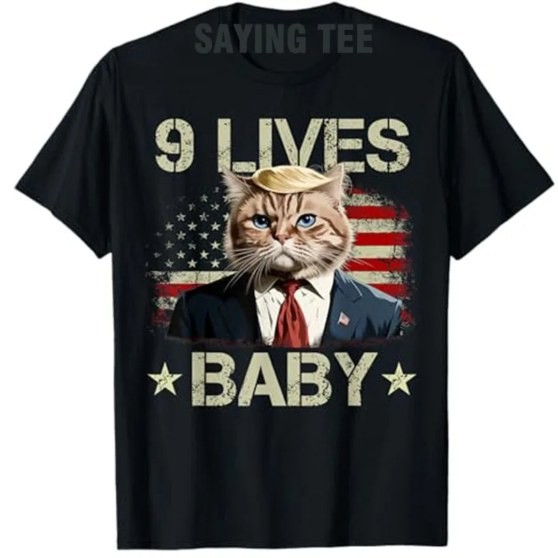 9 Lives Baby T-Shirt Humor Funny Cat Trump Graphic Outfit Novelty Gift Short Sleeve Blouses Y2k Tops 2024 Election Campaign Tees