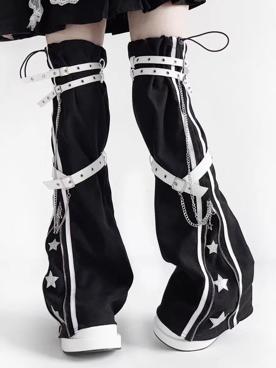 Harajuku سايبر الشرير الصخرة المرأة جوارب السيقان Y2k القوطية سستة قابل للتعديل الجلود مشبك فوق الركبة الأكمام القدم غطاء الساق الشارع