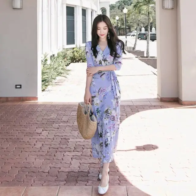 

2023 Summer New Slim V-neck Celebrity Temperament Print Long Dress with Ties Resort Skirt Maxi Dresses for Women Korea Robe sexy