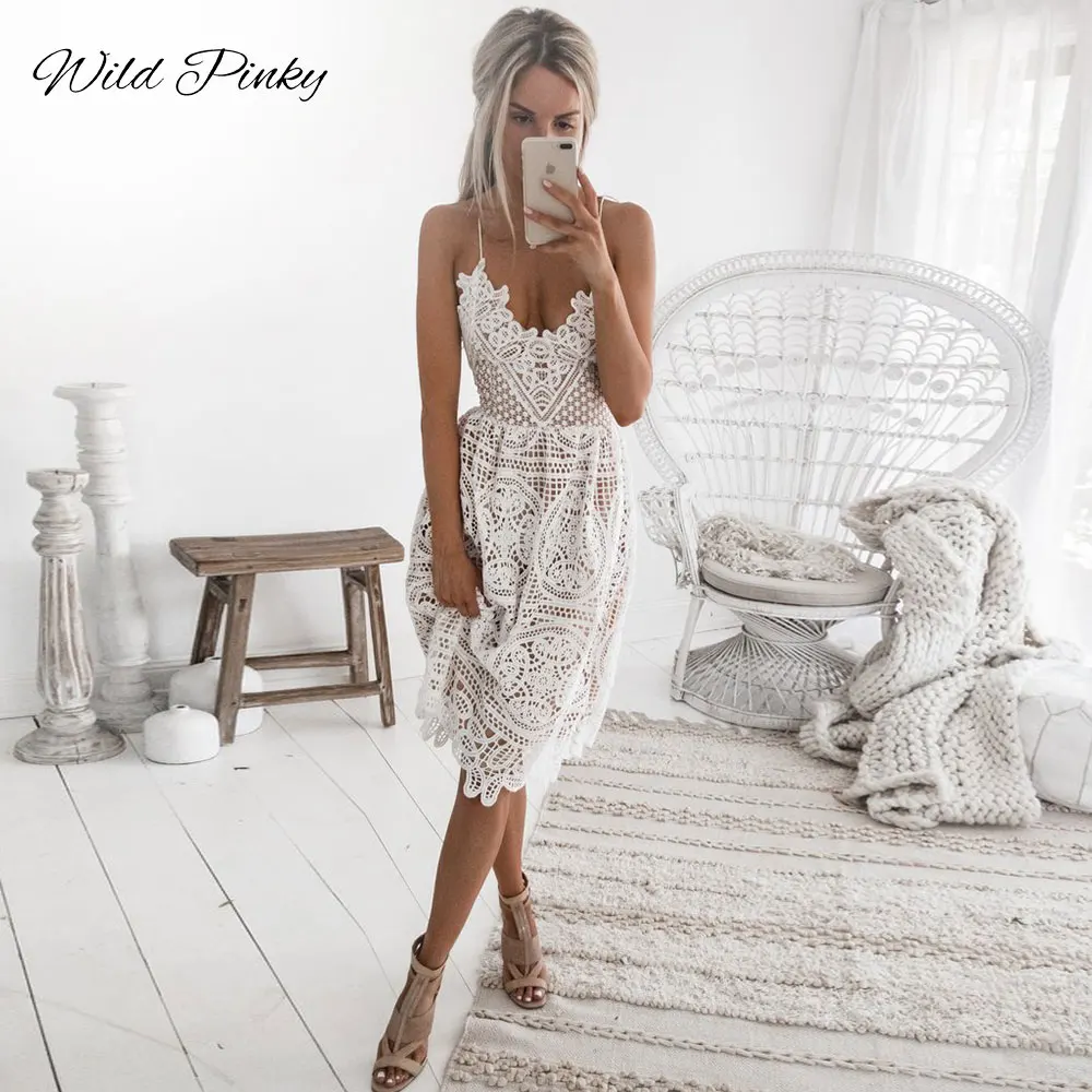 WildPinky Sexy Party Dress Women Summer Deep V Neck Backless Lace Dresses Fashion Sleeveless Halter Bandage Midi Dress