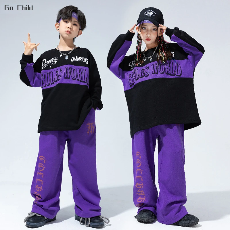 Boys Hip Hop Patchwork Pullover Street Dance Pants Girls Contrast Sweatshirt Joggers Child Sport Clothes Sets Kids Jazz Costumes