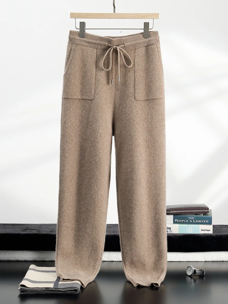 Men Cashmere Pencil Pants Casual Patch Pocket Autumn Winter Thick Shrink Feet Trousers 100% Cashmere Knitted Elastic Waist Pants