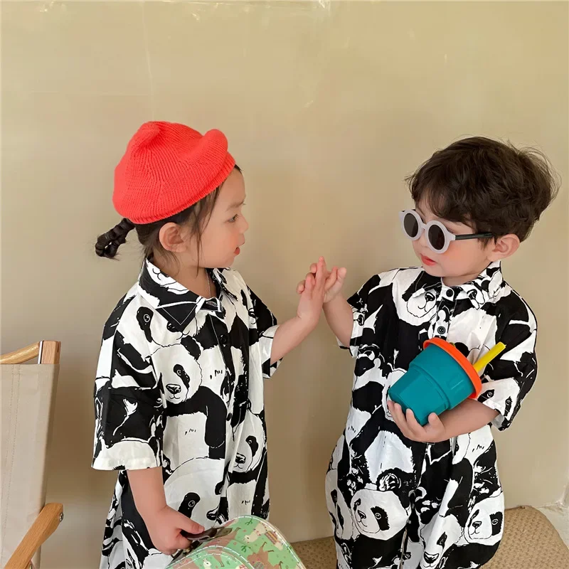 Summer Boys and girls panda print half sleeve jumpsuits Kids turn-down collar ankle length playsuits