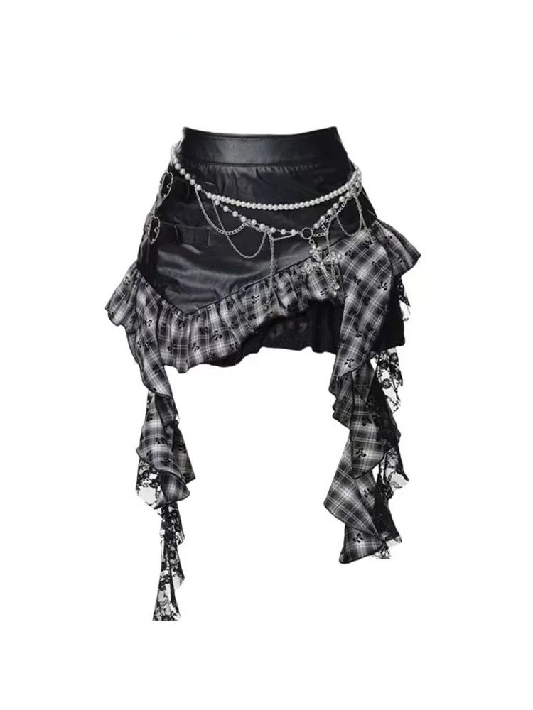 Spódnica w kratę Y2K Punk z nieregularnym dołem, damska, wiosenna, słodka, cool, skórzana spódnica w kratę, pikantna spódnica patchworkowa dla dziewczyn.
