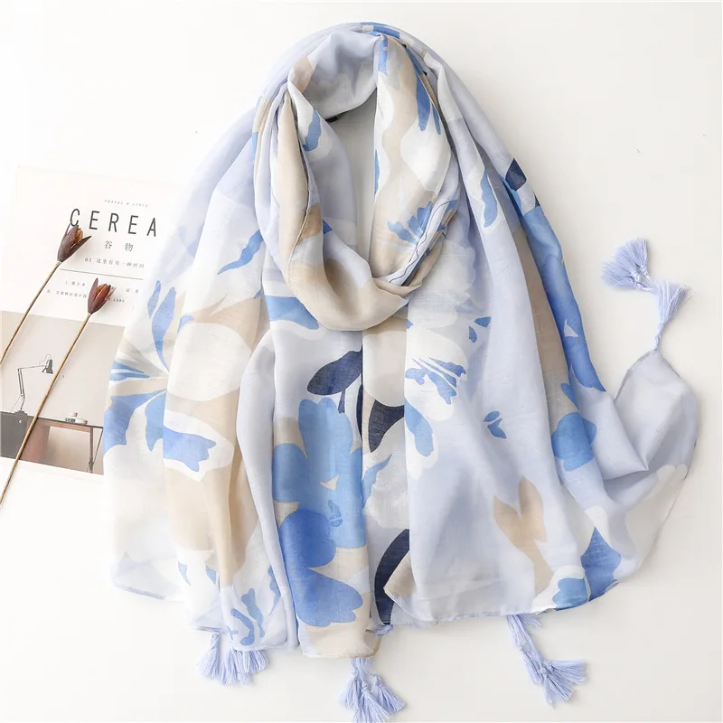 2023 New Fashion Cotton Ombre Flower Pattern Tassel Scarf Shawls Women Floral Print Soft Foulard Head Wrap Hijab Free Shipping