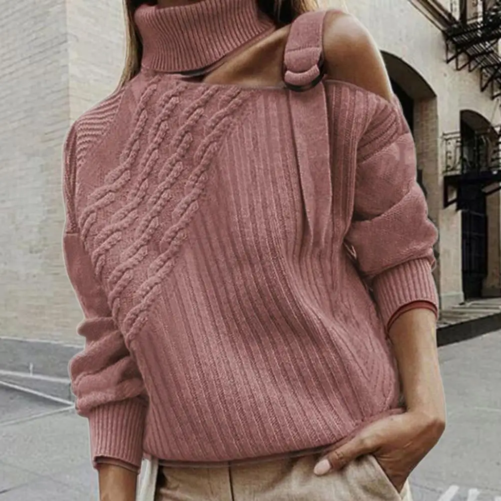 2022 New Adjustable Buckle Twist Decor Knitted Sweater Long Sleeve One Off Shoulder Turtleneck Pullover Sweater Female Clothing