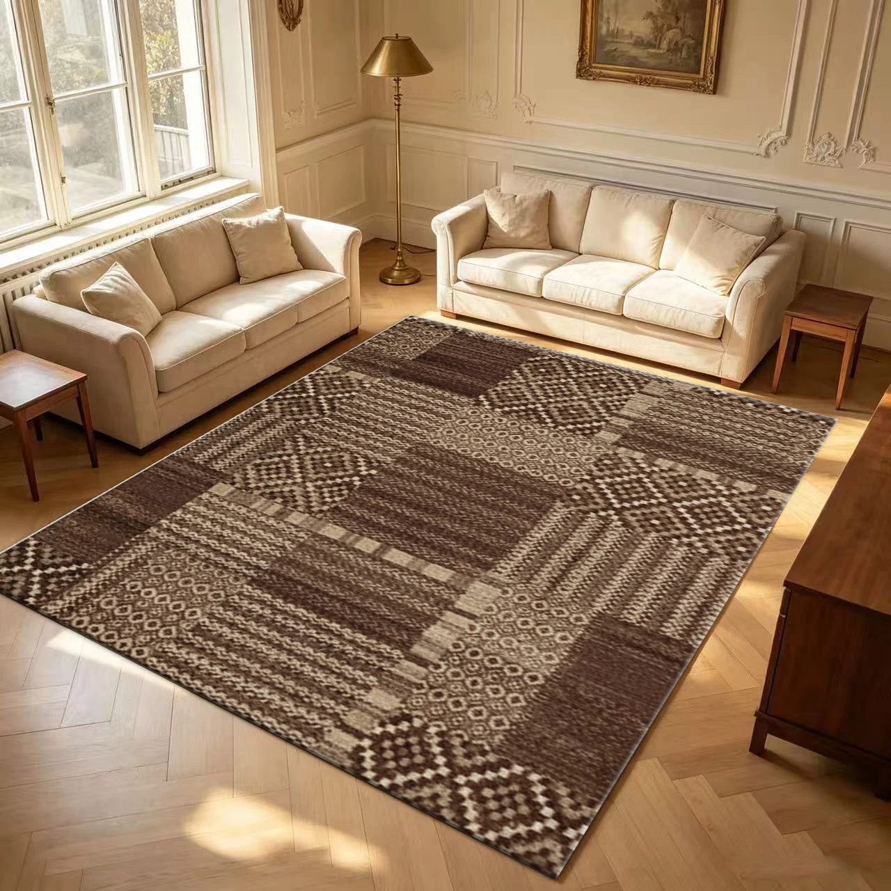 Brown Patchwork Tribal Geometric Carpet Flooring Retro Knitted Spliced Large Area Rug for Living Room Home Decor