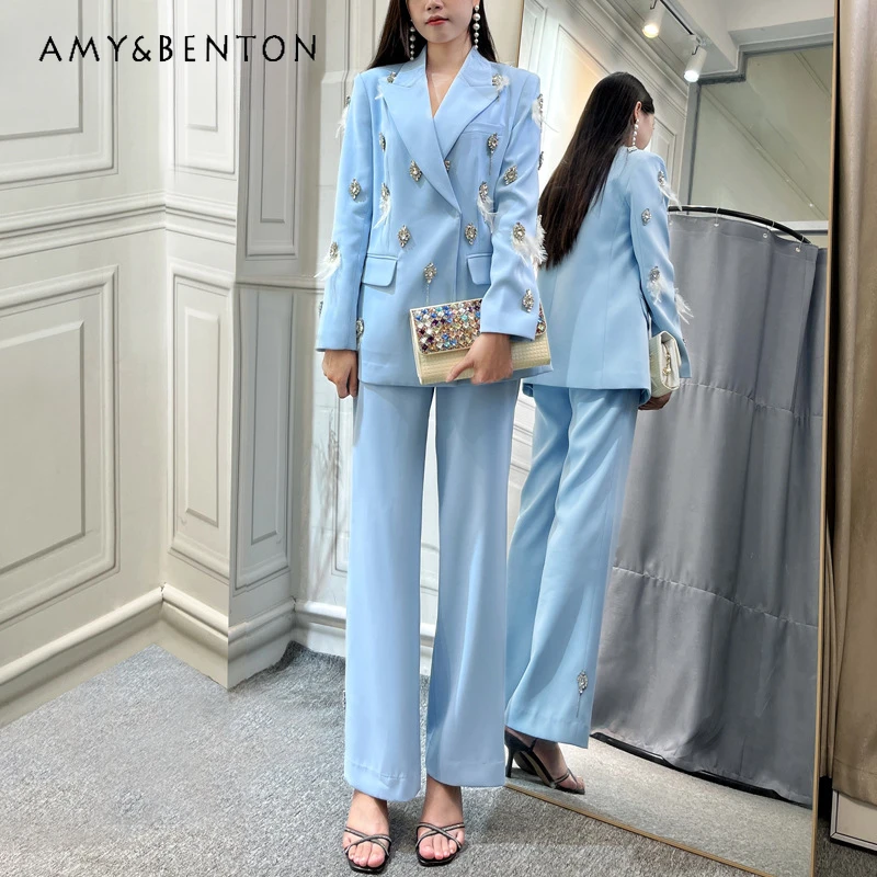 High-End Ladies Temperament Business Suit Outfits Spring New Rhinestone Feather Splicing Coat Bell-Bottom Pants Two-Piece Set