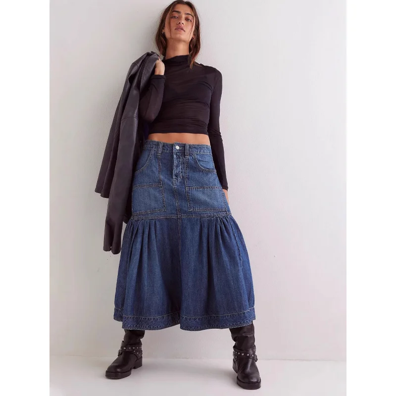 Summer Street Retro High-Waisted A-Line Casual Denim Skirt for Women 2026 Fashion Vintage Style
