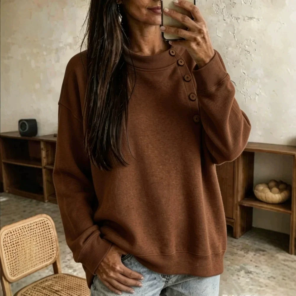 Damen-Sweatshirt mit Knopfdetails, Rundhalsausschnitt, langen Ärmeln, lockerer Passform, einfarbig, lässiger Oversize-Stil, ideal für Herbst und Winter, für den täglichen Gebrauch. – Detail 6
