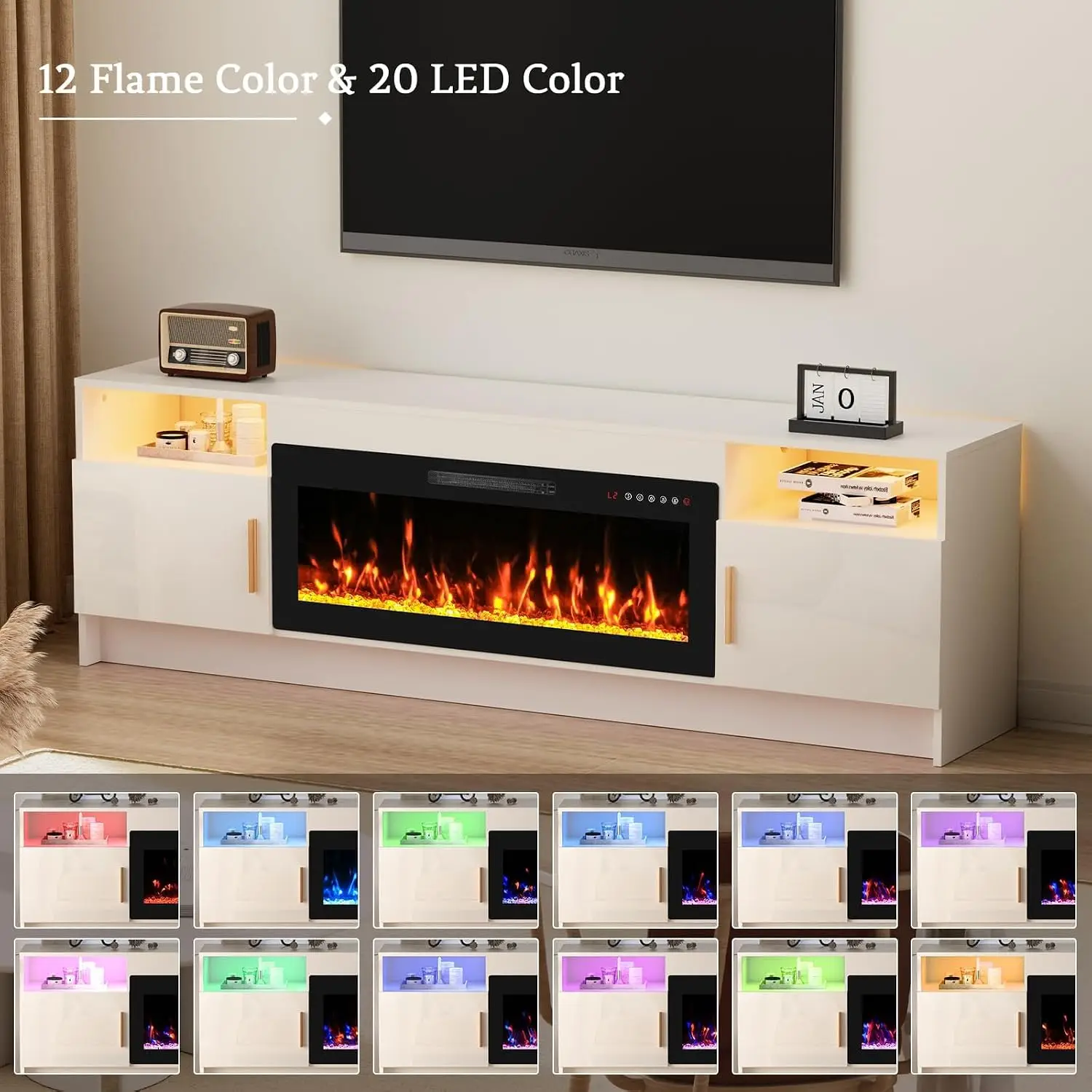 White TV Stand Fireplace LED Light 75+ inch Storage High Glossy Door Modern Living Room 70