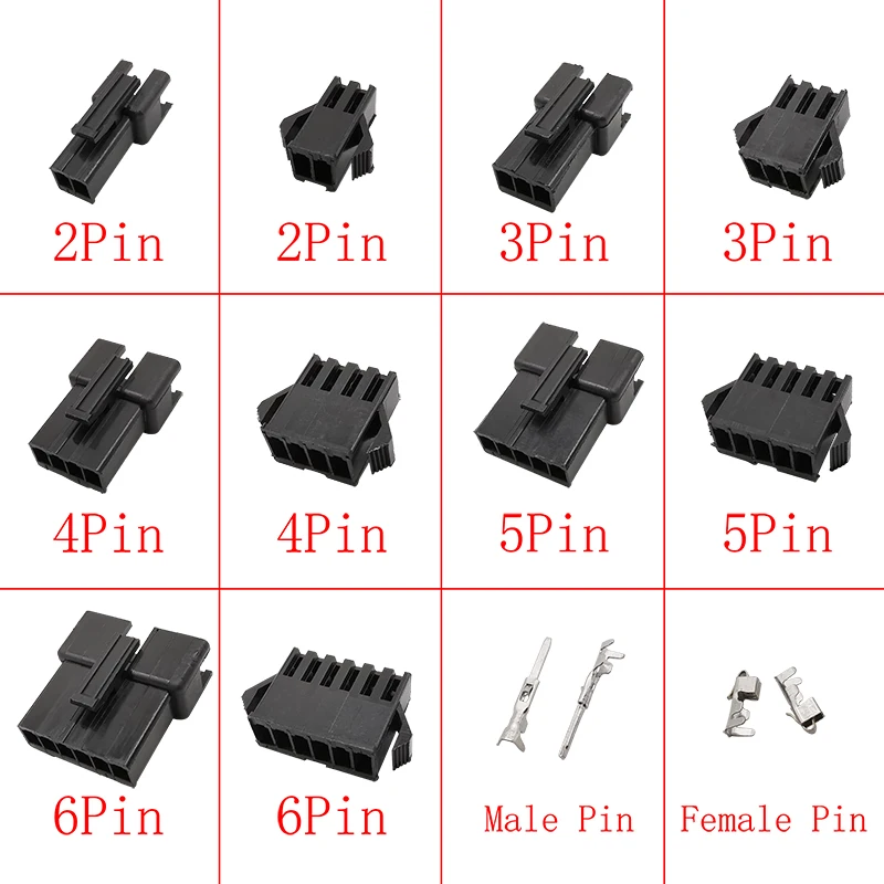 10Sets JST SM 2.54mm Pitch 2P/3/4/5/6 Pin Plastic Shell Male Plug Female Socket Black Housing Crimping Pin Terminal Connector