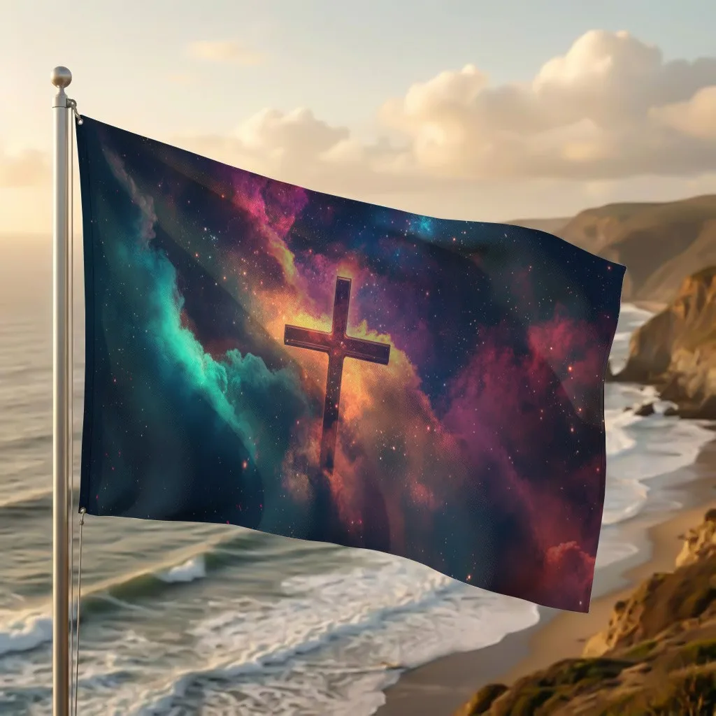 1pc Glowing Cosmic Cross Flag Vibrant Nebula Starry Sky Pattern Golden Light Cross Decor Flag Ethereal Spiritual Design